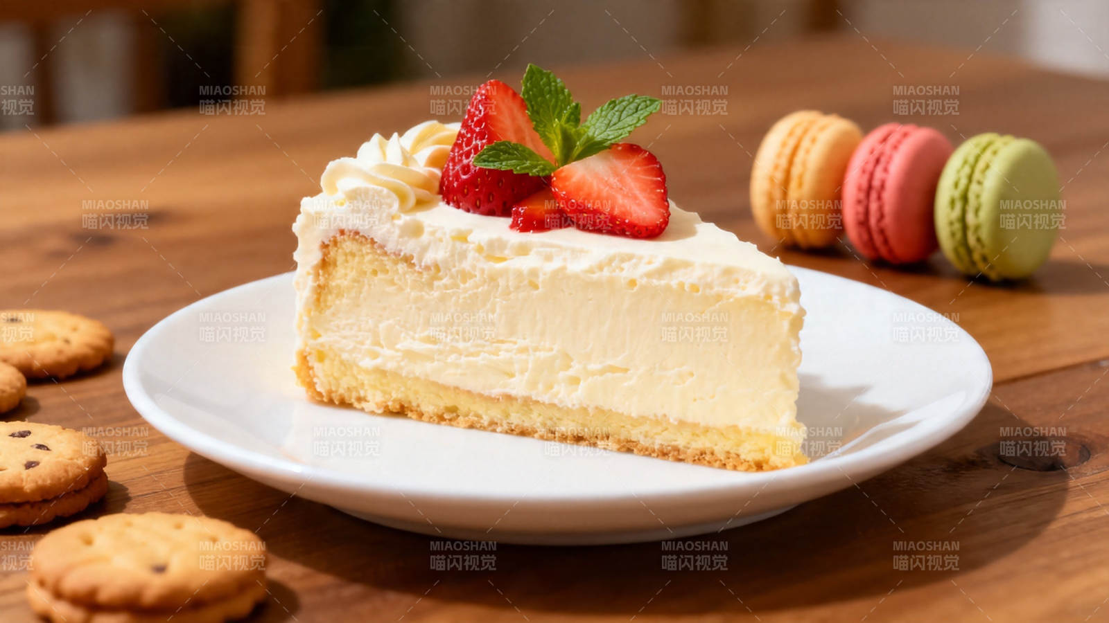 草莓奶油芝士蛋糕配马卡龙图片