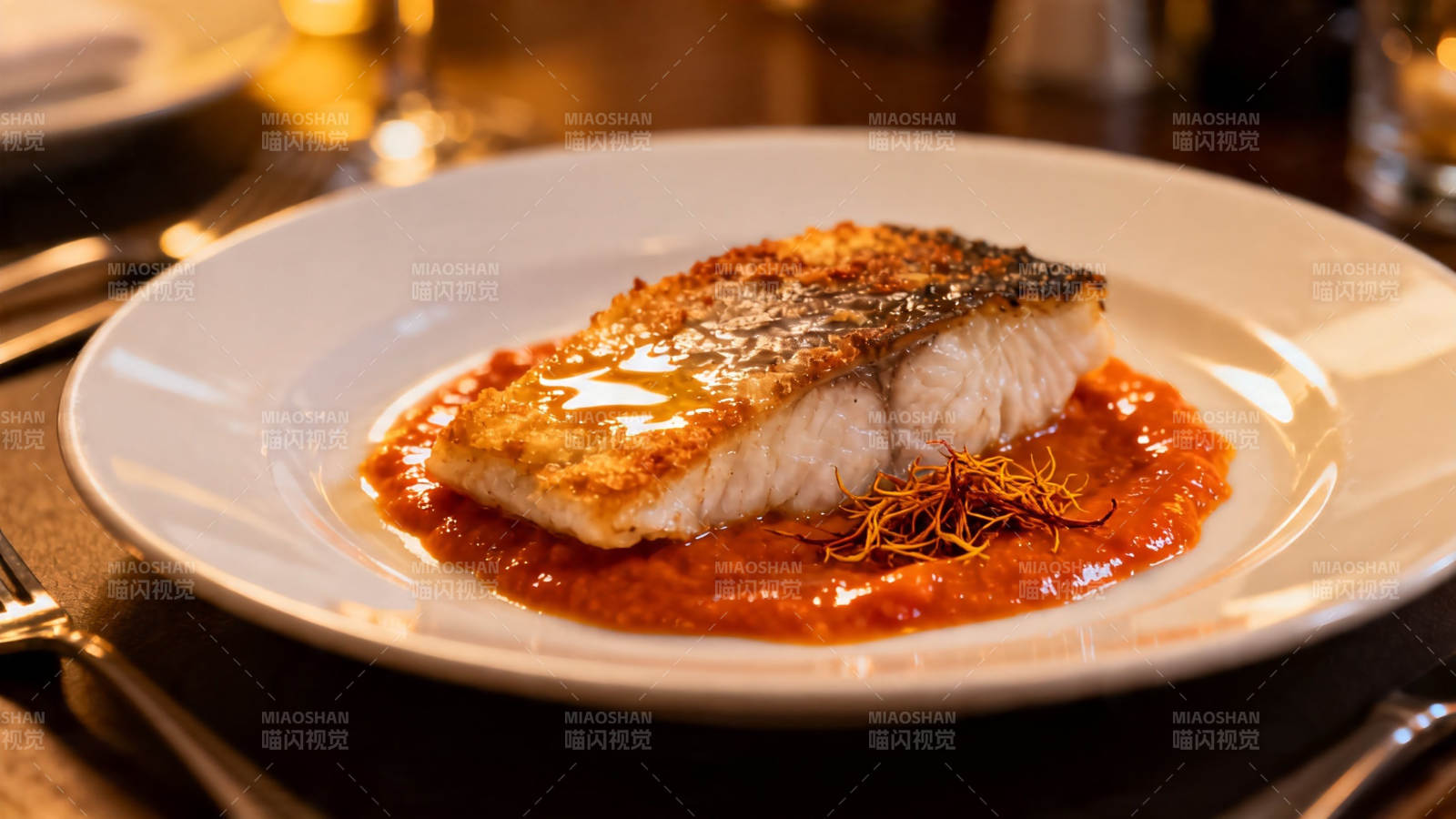 香煎鱼配红酱 精致摆盘图片