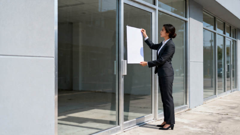女子贴告示于玻璃门图片