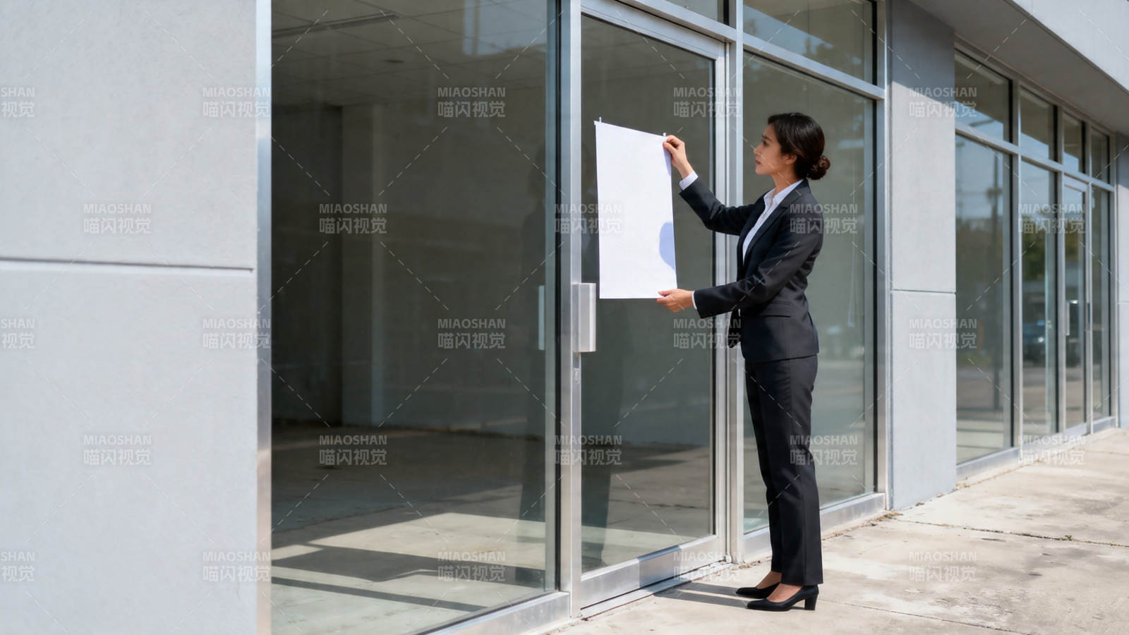 女子贴告示于玻璃门图片