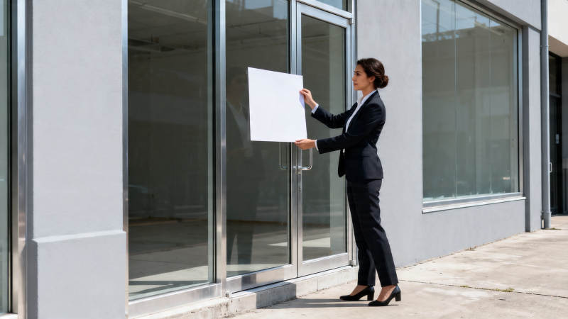 女子持白纸贴玻璃门图片