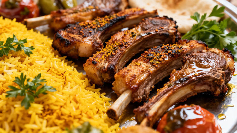 烤羊排配黄米饭 香气四溢图片