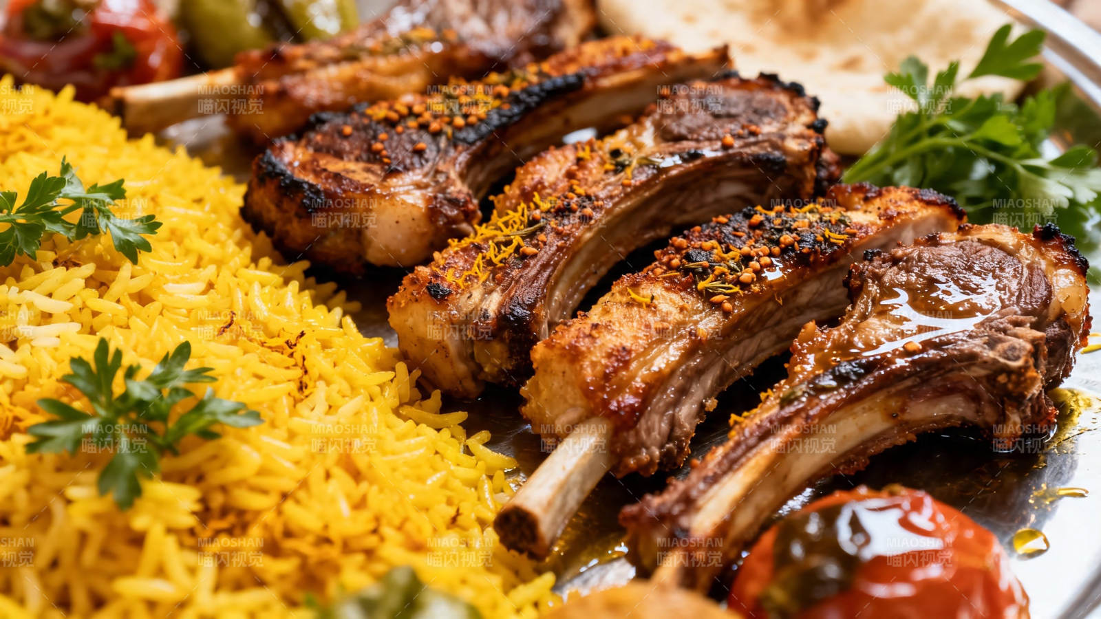 烤羊排配黄米饭 香气四溢图片