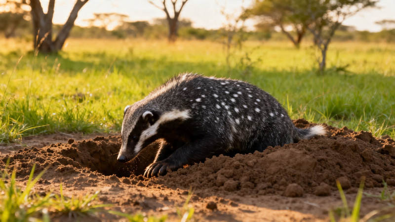 蜜獾掘土觅食 草原黄昏时图片