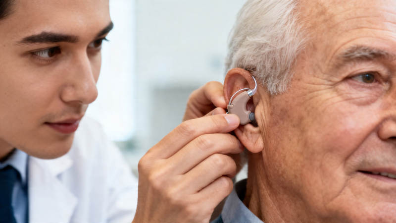 医生为老人佩戴助听器图片