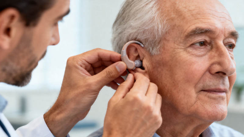 医生为老人佩戴助听器图片