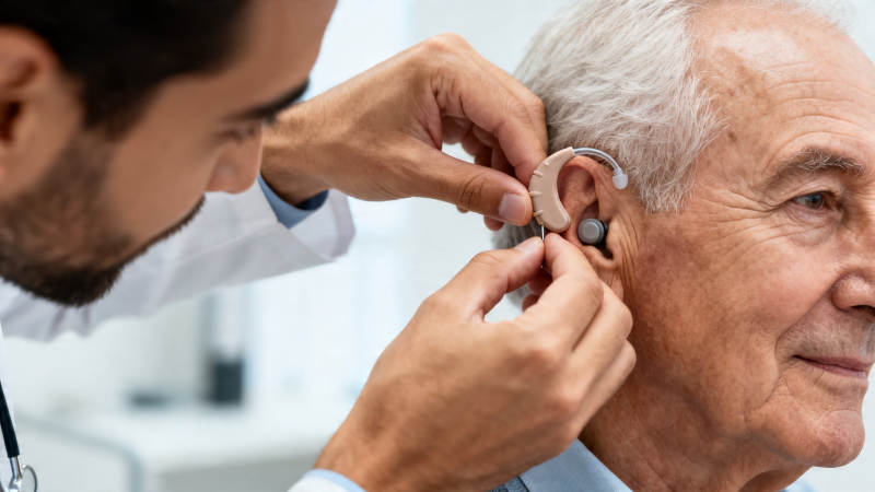 医生为老人佩戴助听器图片