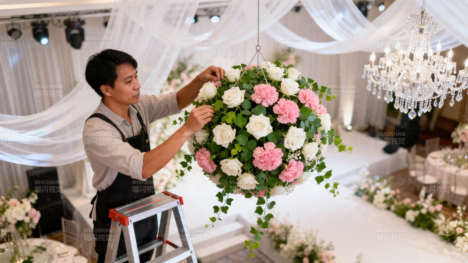 花艺师布置婚礼吊花球图片