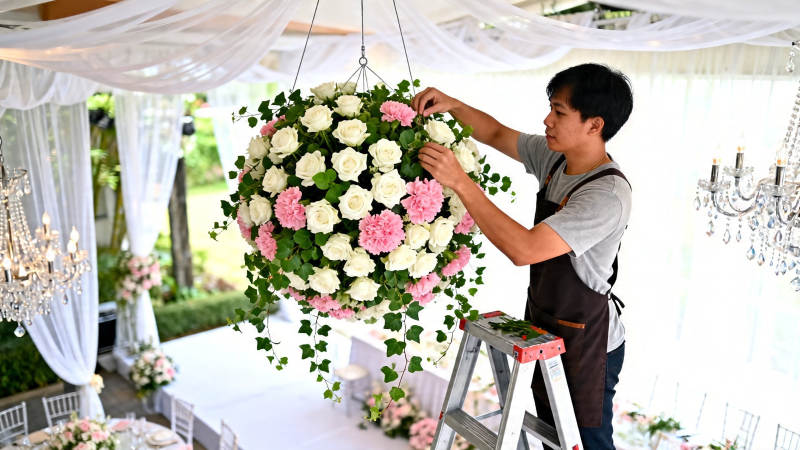 花艺师布置悬挂花球图片