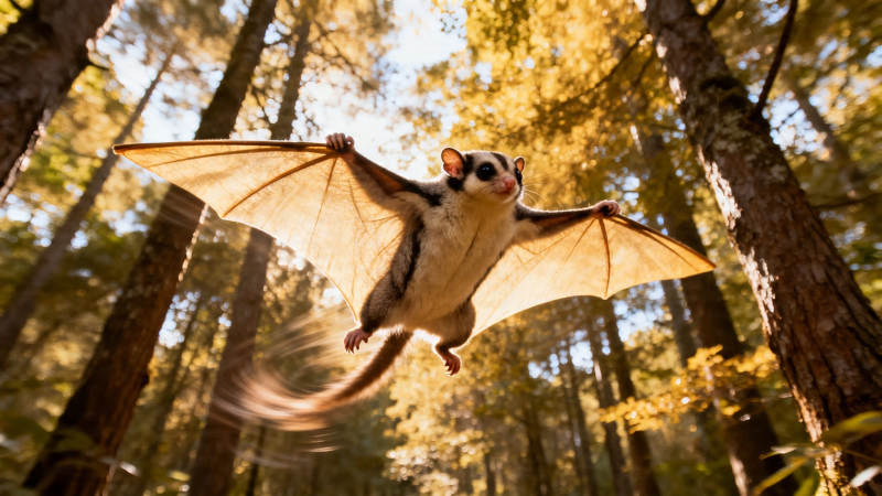 林间飞鼠滑翔秋日森林图片