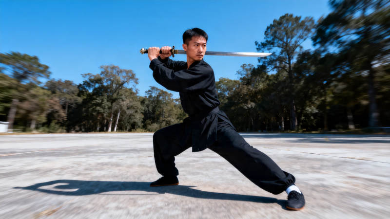 户外练剑 黑衣武者英姿飒爽图片