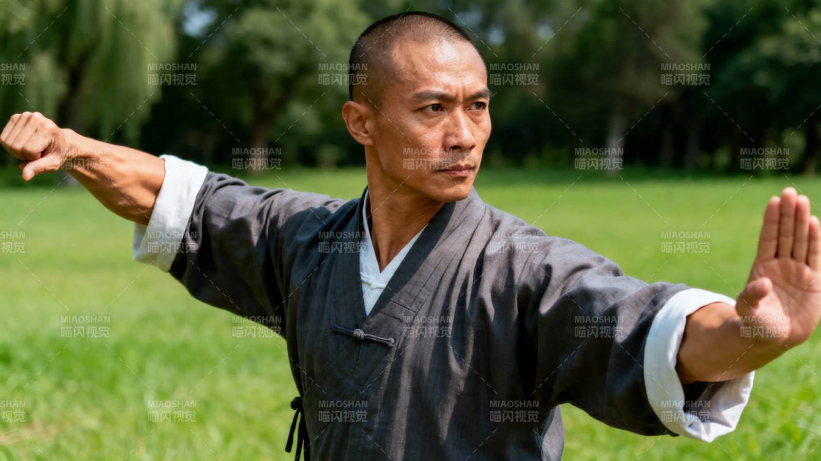 公园练功 武者凝神展势图片