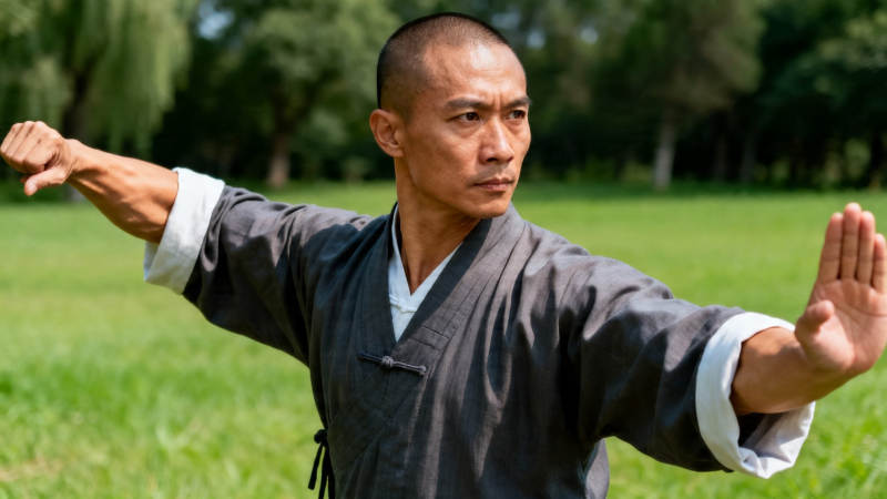 公园练功 武者凝神展势图片