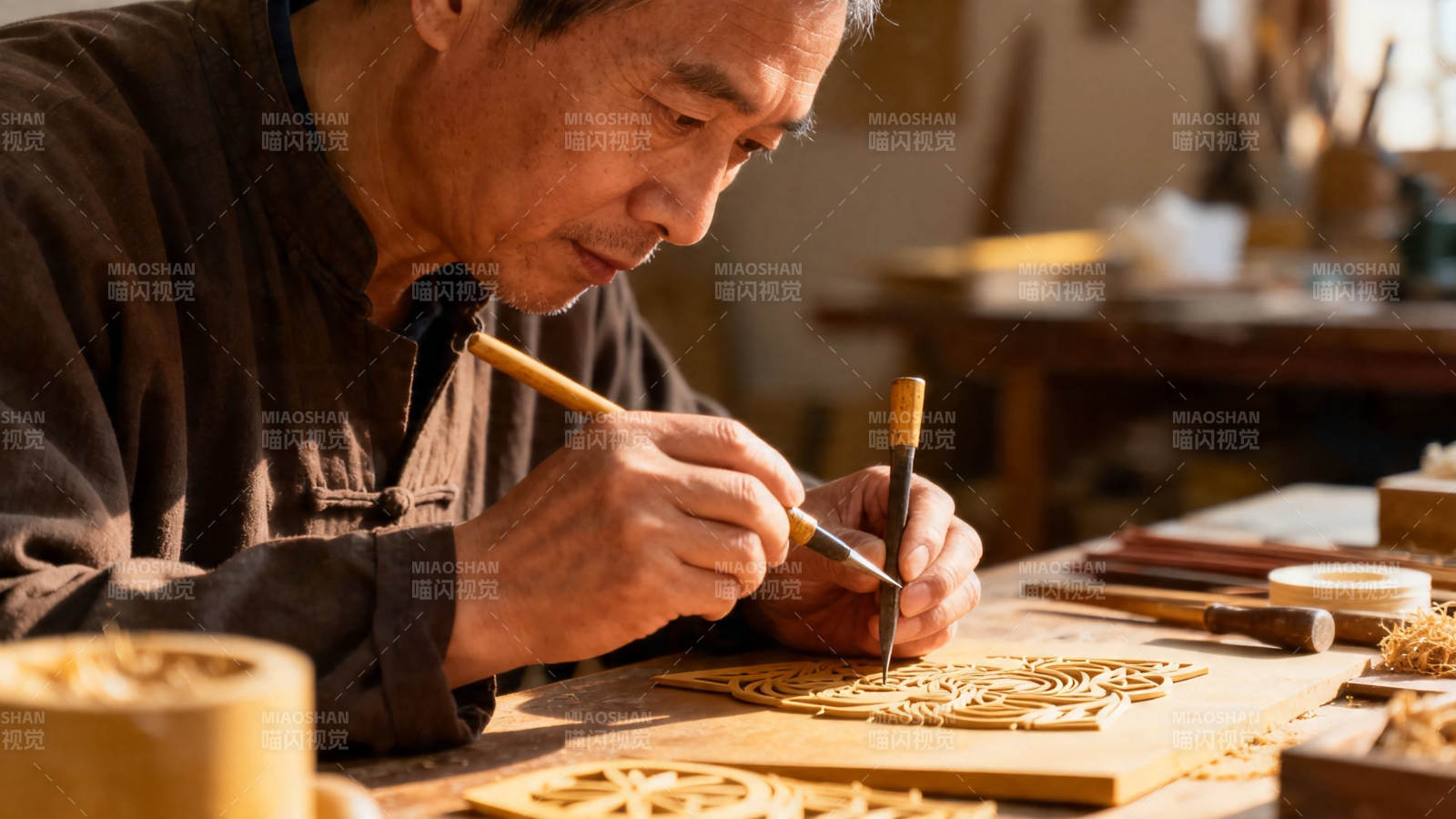 匠人精雕细琢木艺品图片