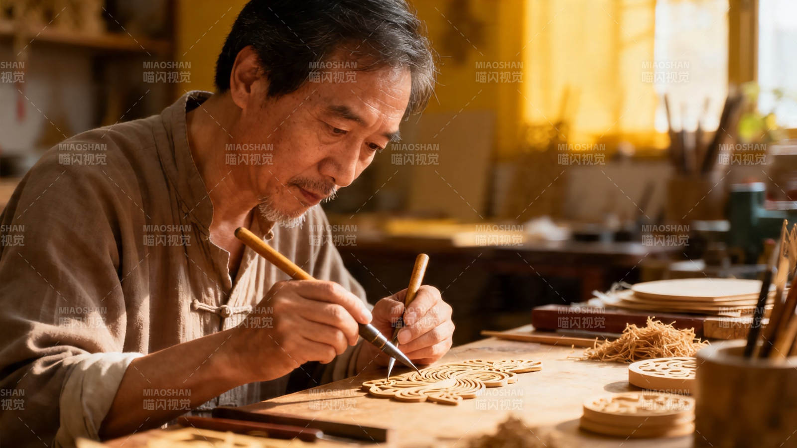 匠人精雕细琢木艺品图片