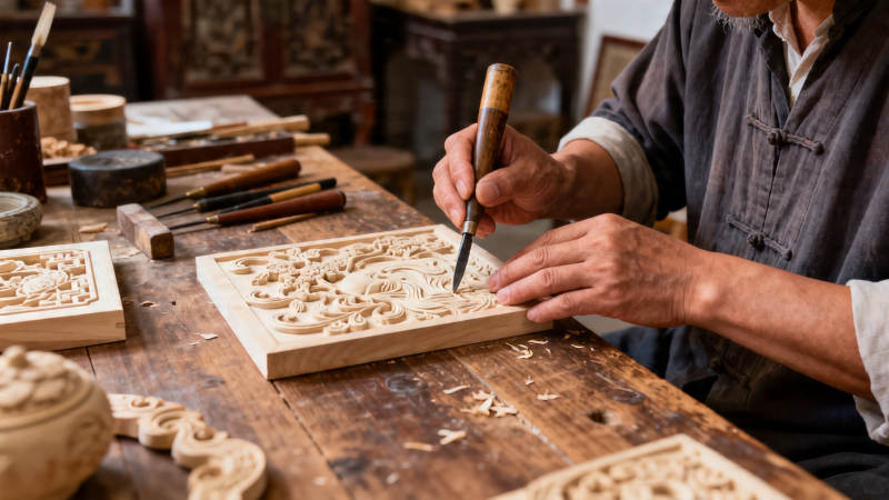 匠人精雕细琢木艺品图片