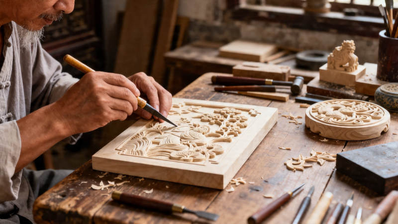 匠人雕琢木艺 精雕细琢传神图片