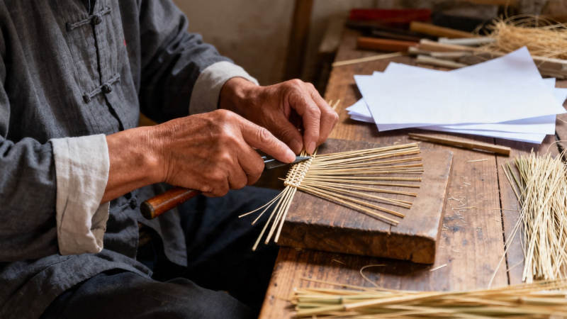 匠人手工制扇 竹丝细编图片