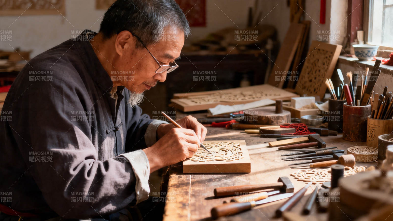 老匠人专注木雕创作中图片