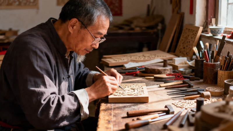 老匠人专注木雕创作中图片
