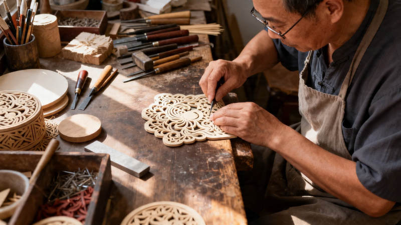 匠人雕琢木艺花片图片