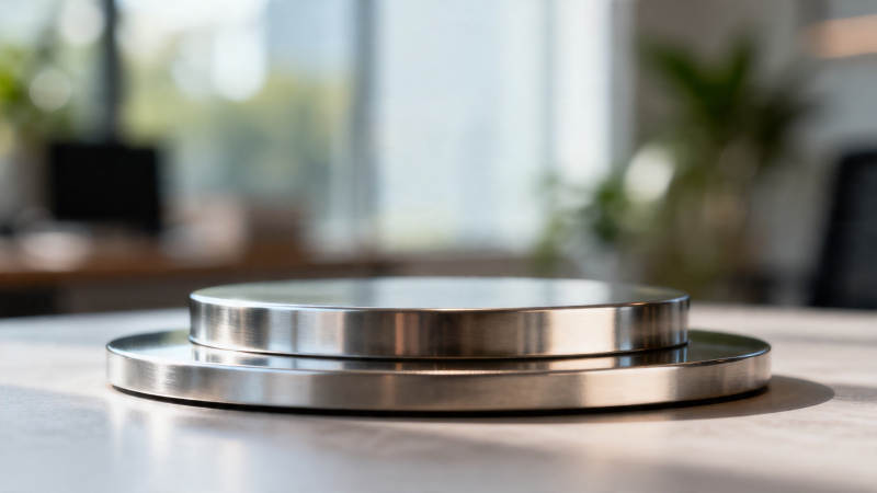 金属圆盘叠放于桌面图片