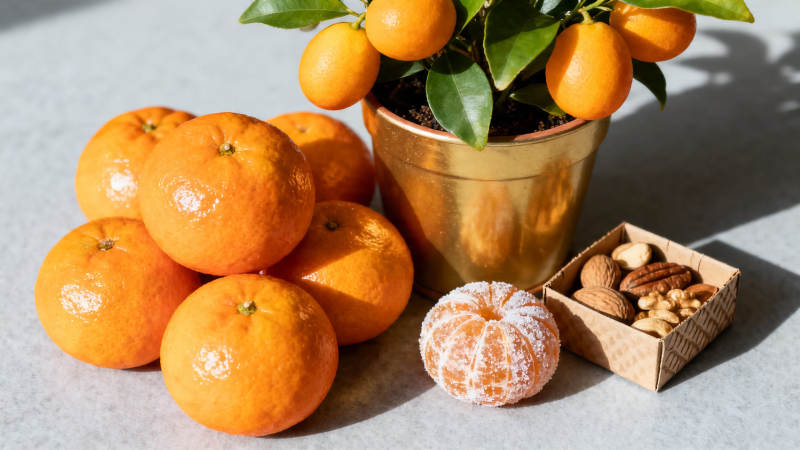 金橘盆栽伴坚果 冬日暖光静物图图片