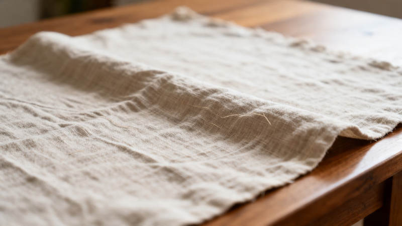 木桌上的米色亚麻布图片