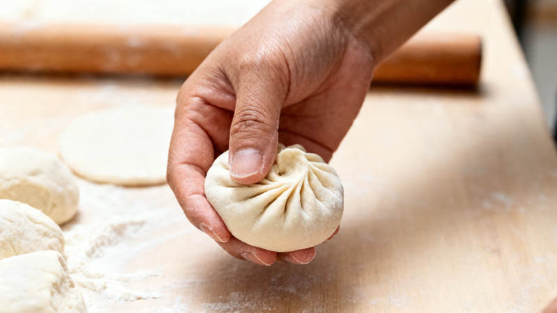手工捏制包子特写图片