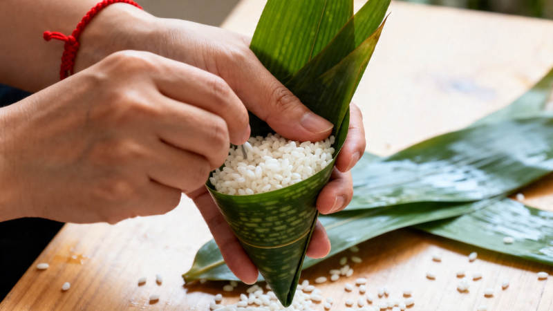 包粽子 手工填米入叶图片