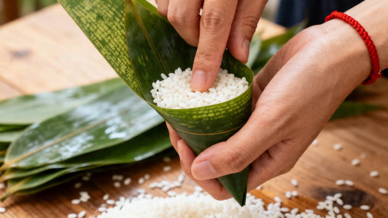 包粽子 手填糯米入粽叶图片