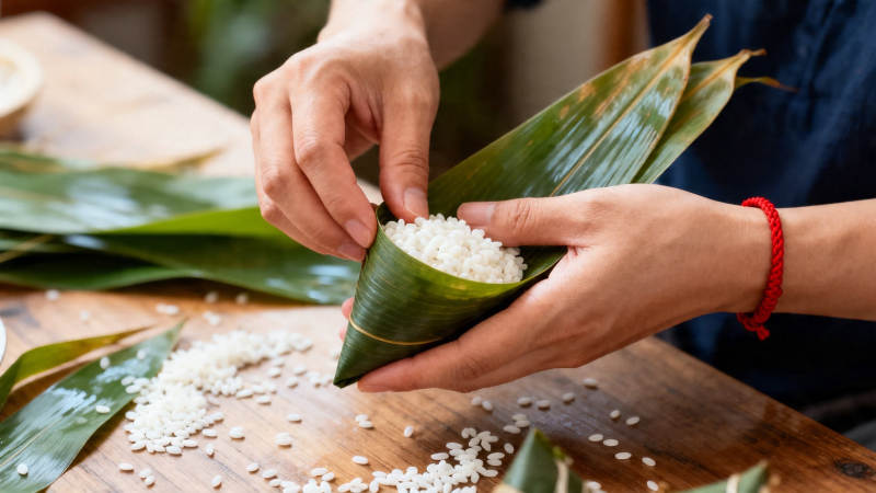 包粽子 糯米入叶 巧手成形图片