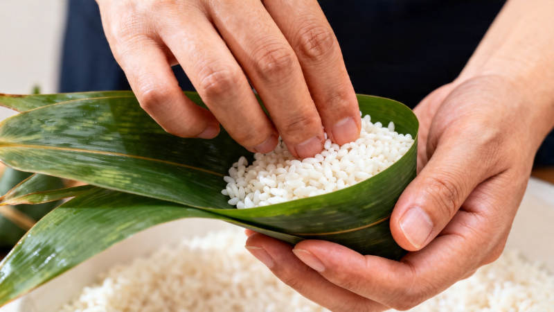 包粽子 糯米入叶中图片