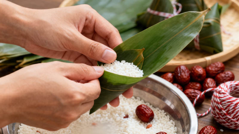 包粽子 糯米红枣入粽叶图片