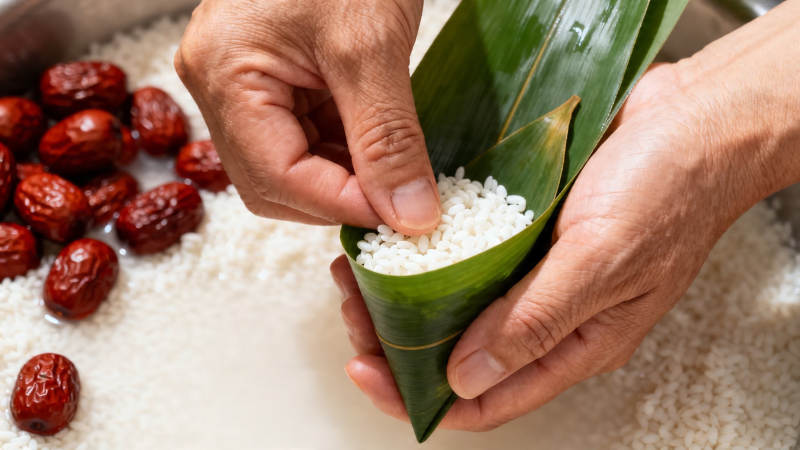 包粽子 糯米红枣入叶中图片