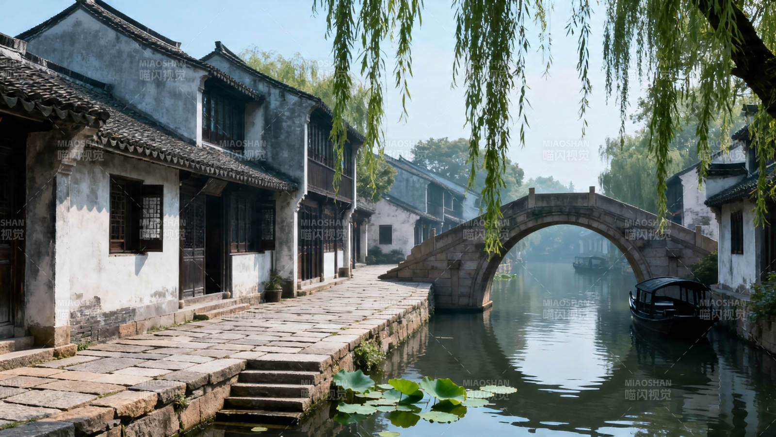 江南水乡 古桥柳影图片