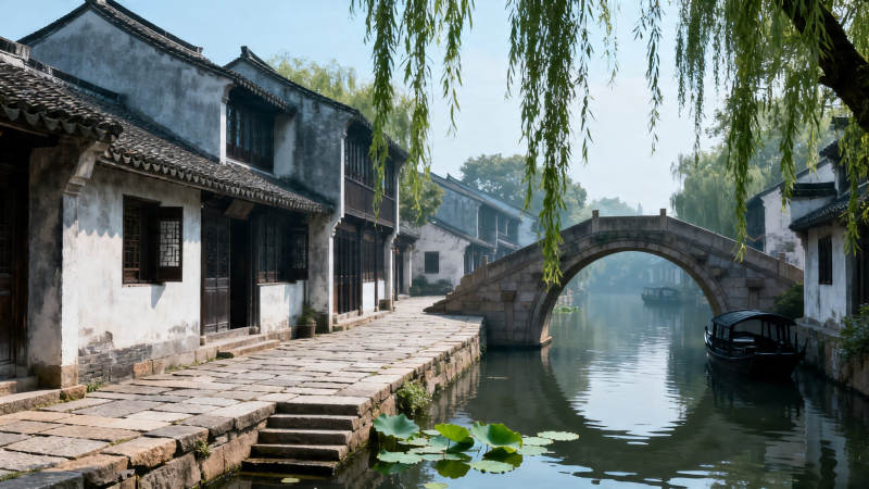 江南水乡 古桥柳影图片
