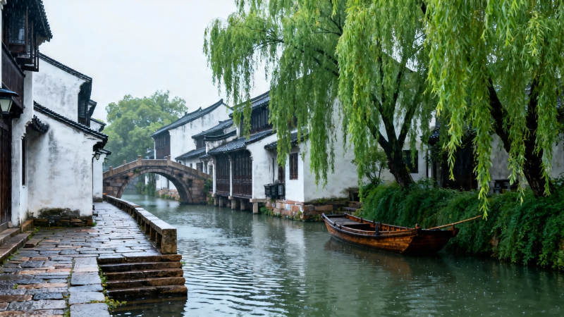 江南水乡 柳岸舟影图片
