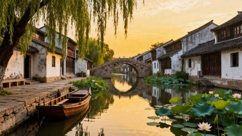 江南水乡 夕阳古桥舟影图片