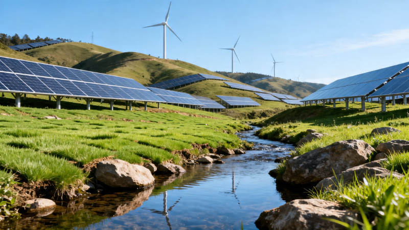 风光互补 绿能溪流映蓝天图片