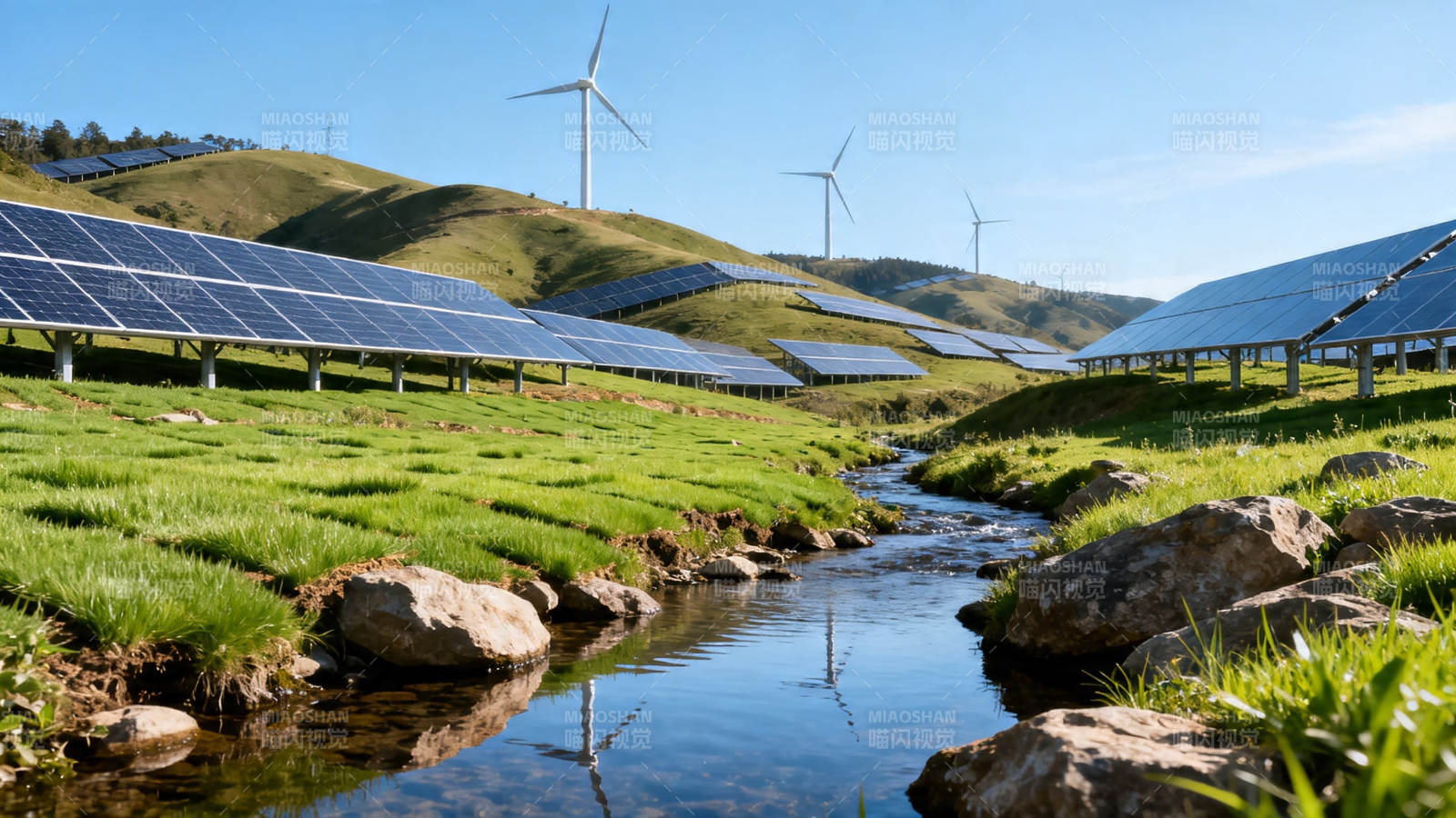 风光互补 绿能溪流映蓝天图片