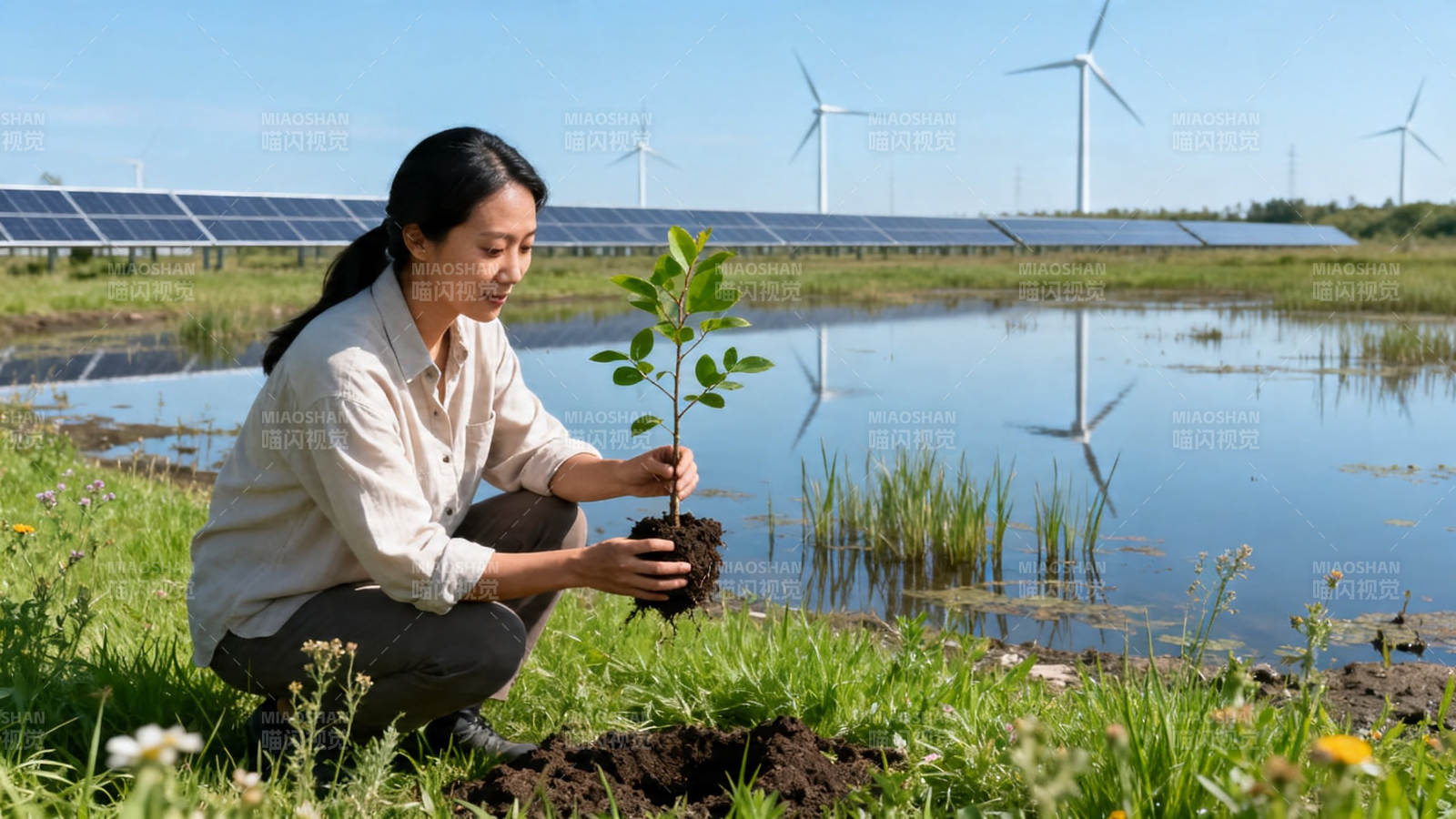 绿植与风电太阳能共生图片