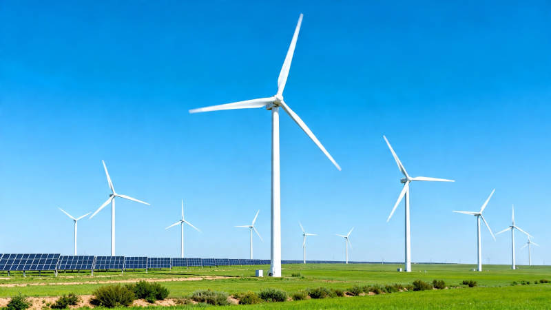 风车太阳能绿野蓝天图片