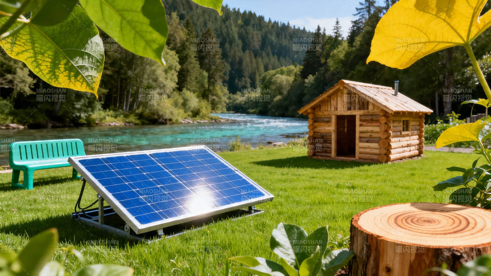 林间小屋配太阳能板图片