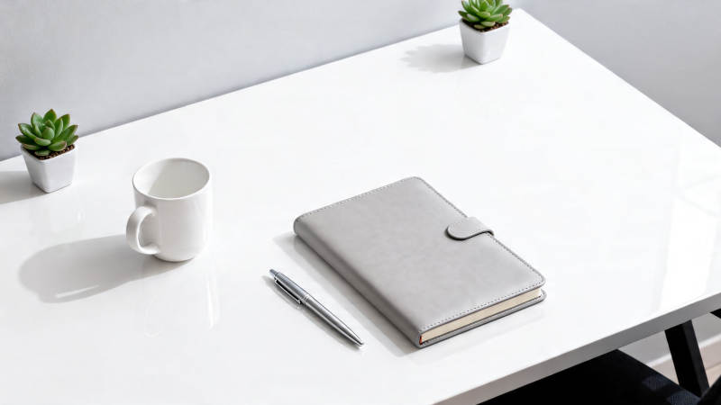 极简桌面 笔记本 杯与绿植图片