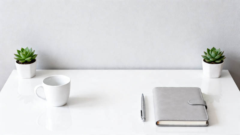 极简白桌 绿植咖啡笔记本图片