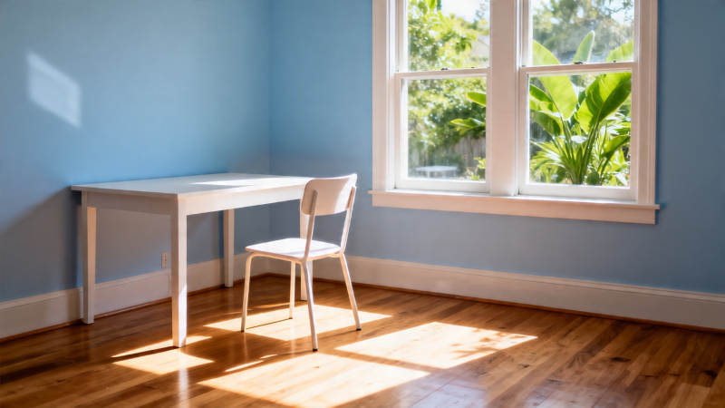 阳光书房 蓝墙木地窗景美图片