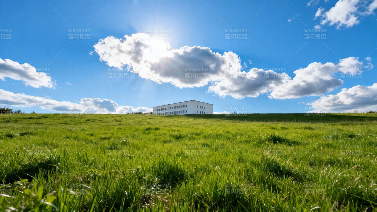 绿野白楼 蓝天白云间图片