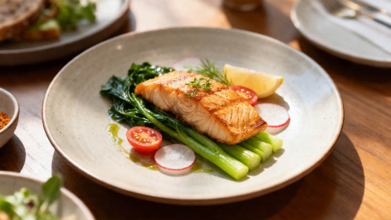 香煎三文鱼配时蔬图片