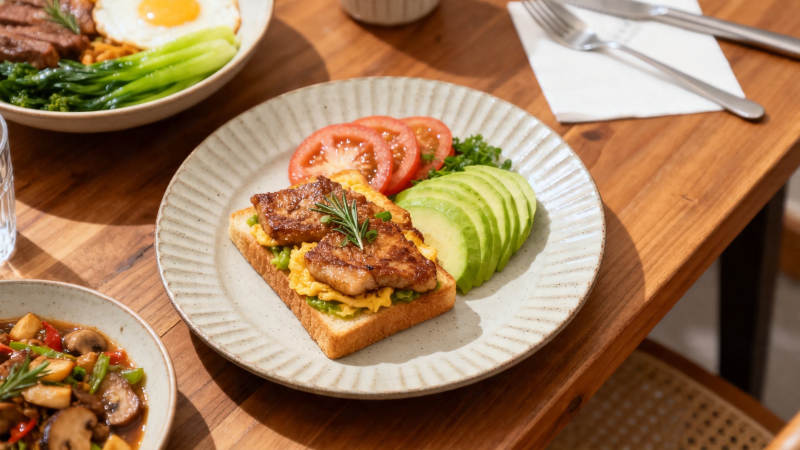 煎鸡排牛油果吐司早餐图片
